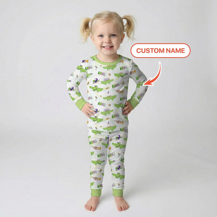 Alligator Mardi Gras Festival Bamboo Two Piece Long Sleeve Pajama Set