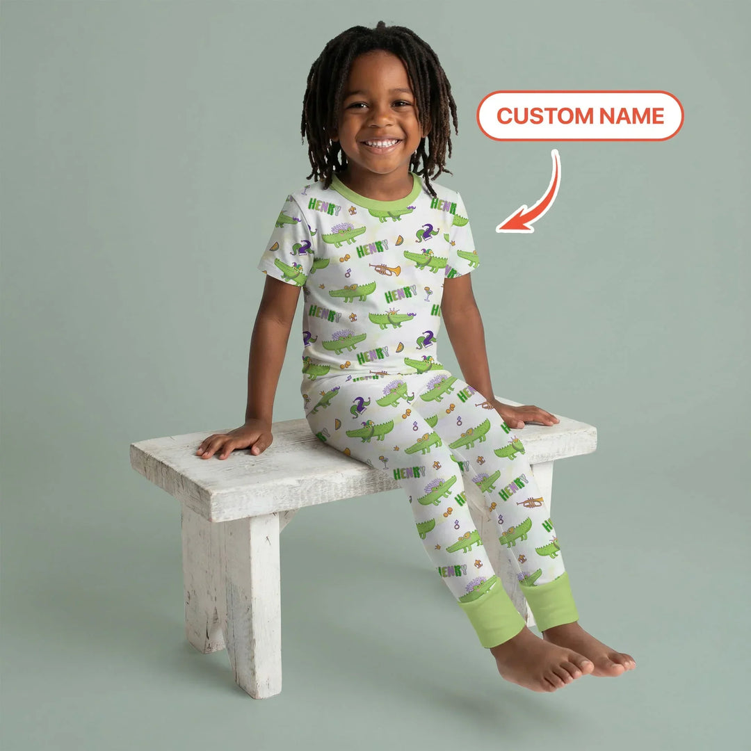 Alligator Mardi Gras Festival Bamboo Two Piece Short Sleeve Pajama Set