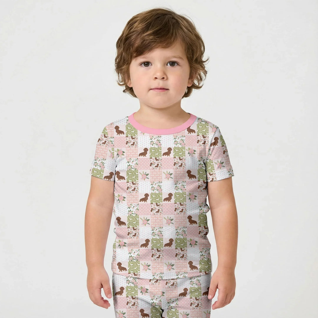 Floral Dachshund Grace Bamboo Two Piece Short Sleeve Shorts Pajama Set