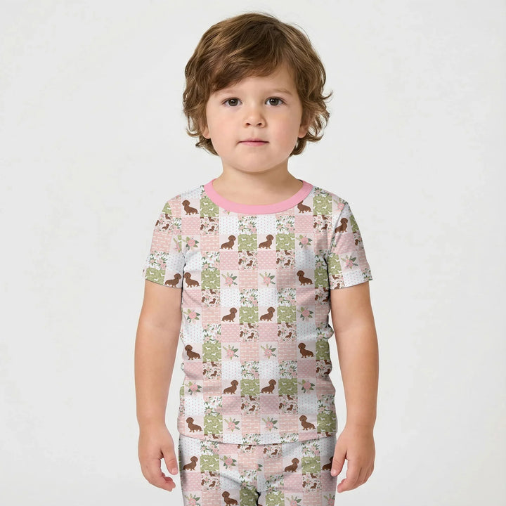 Floral Dachshund Grace Bamboo Two Piece Short Sleeve Shorts Pajama Set