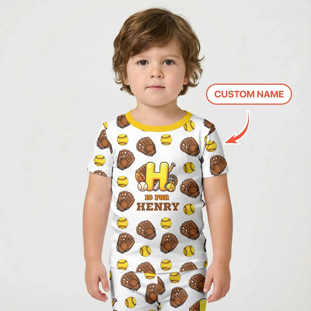 Softball Patterns Customized Bamboo Two Piece Short Sleeve Shorts Pajama Set
