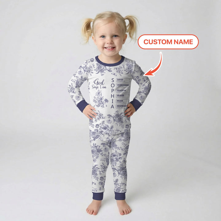 God Says I Am – Faith in Bloom Custom Name and Affirmations Bamboo Two Piece Long Sleeve Pajama Set