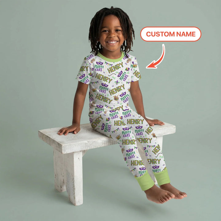 Custom Name Make your own Mardi Gras Bamboo Two Piece Short Sleeve Pajama Set