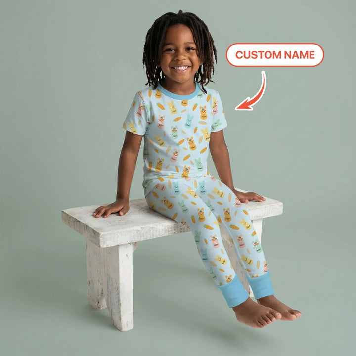 Custom Name Easter Bunny Bamboo Two Piece Short Sleeve Pajama Set