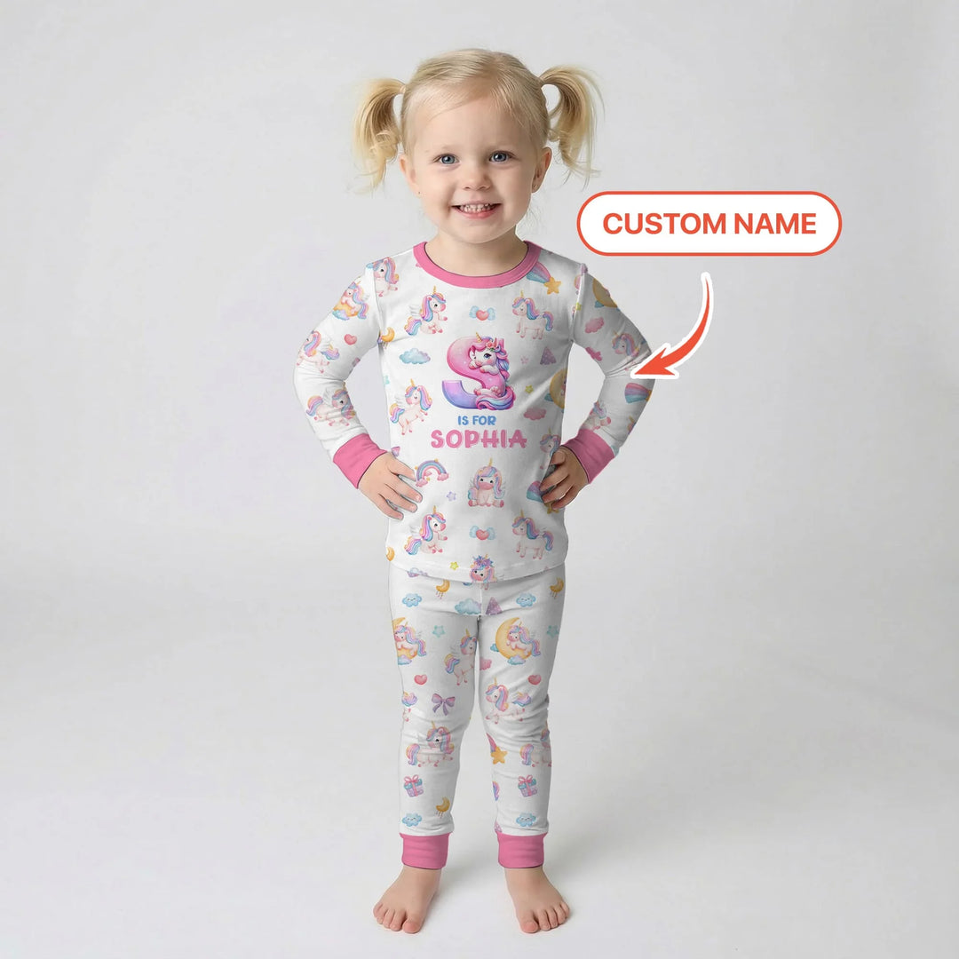 Unicorn Dreams Custom Name Bamboo Two Piece Long Sleeve Pajama Set
