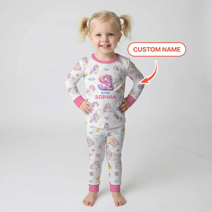Unicorn Dreams Custom Name Bamboo Two Piece Long Sleeve Pajama Set