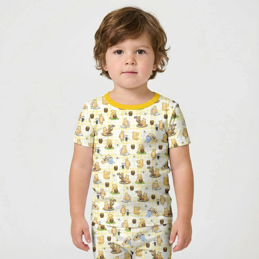 Bear & Friends Yellow Plaid Bamboo Two Piece Short Sleeve Shorts Pajama Set