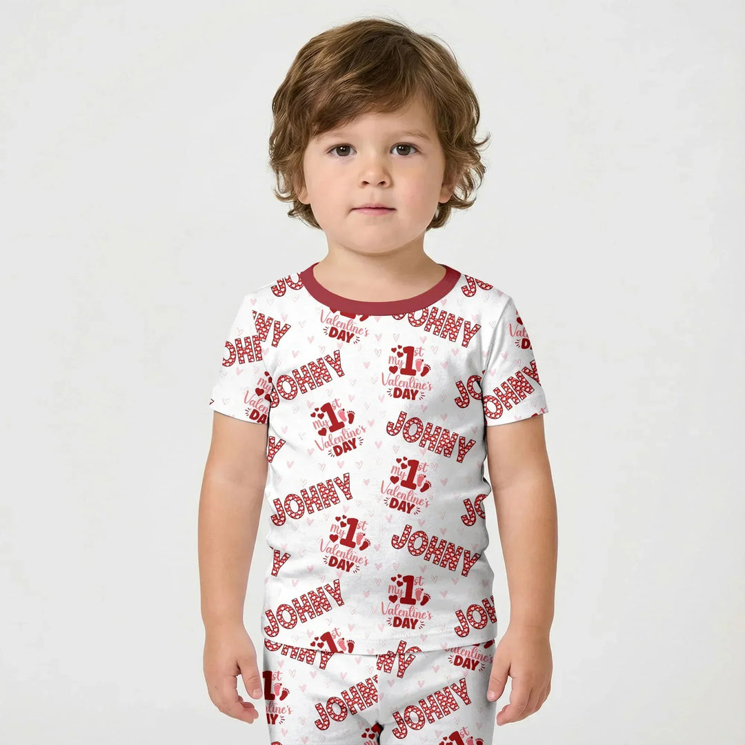 Custom Name My 1st Valentine's Day Bamboo Two Piece Short Sleeve Shorts Pajama Set