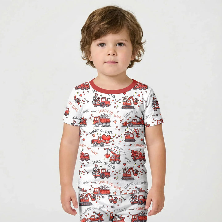 Construction Trucks Loads of Love Bamboo Two Piece Short Sleeve Shorts Pajama Set