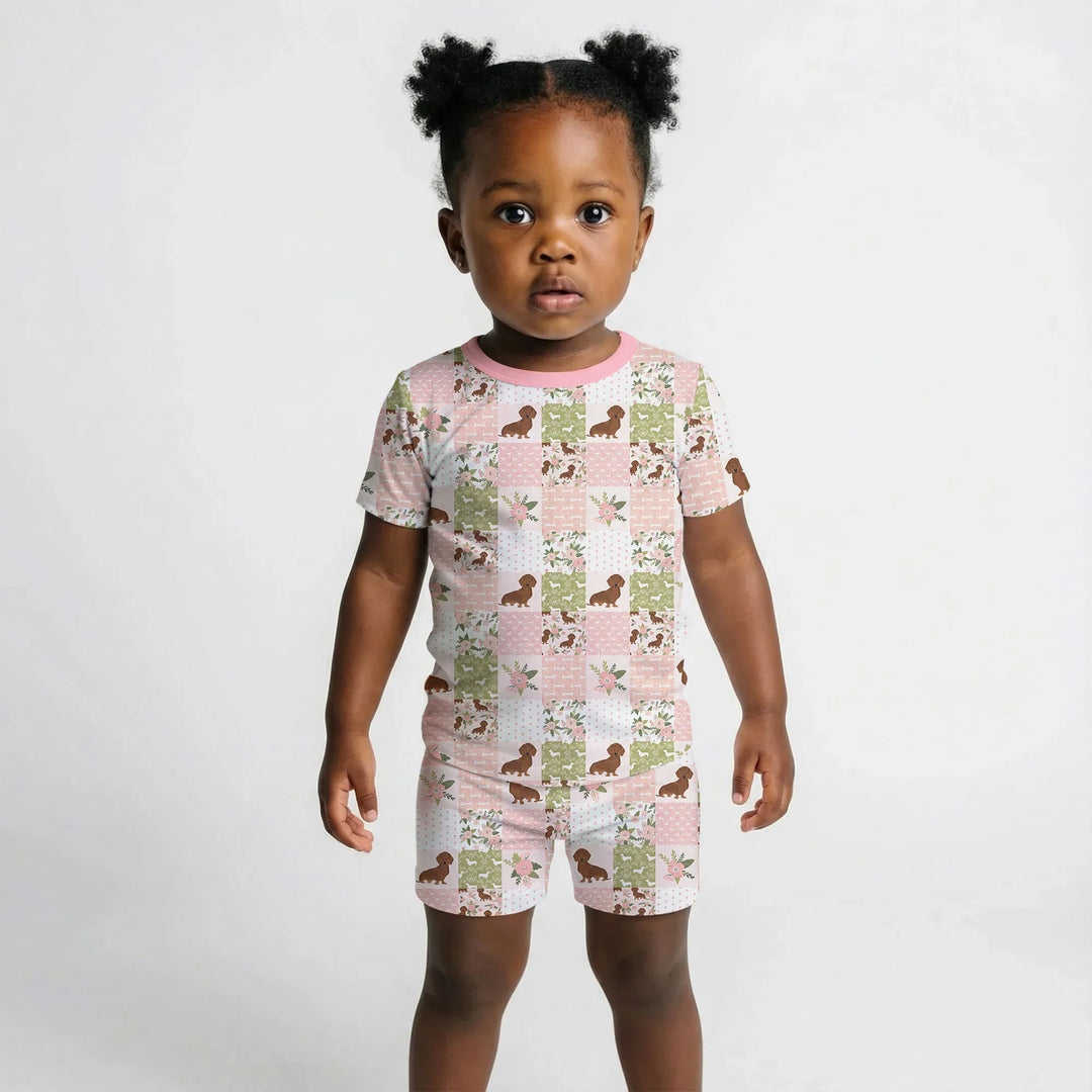Floral Dachshund Grace Bamboo Two Piece Short Sleeve Shorts Pajama Set