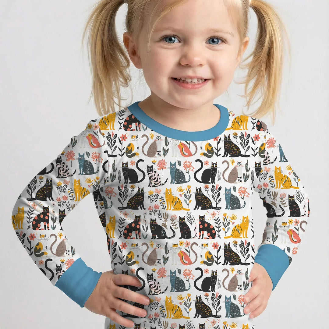Botanical Cats Bamboo Two Piece Long Sleeve Pajama Set