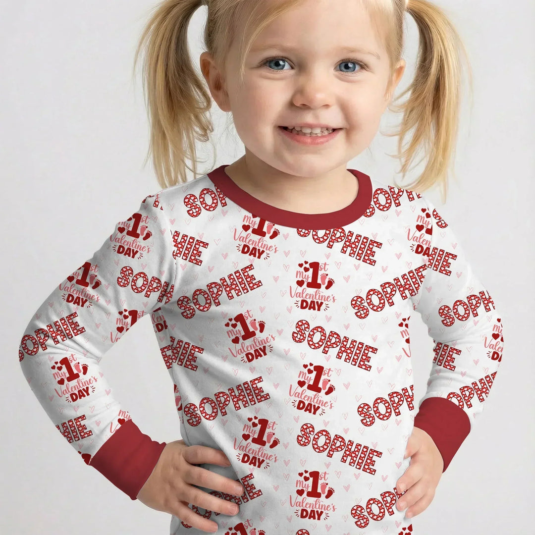 Custom Name My 1st Valentine's Day Bamboo Two Piece Long Sleeve Pajama Set