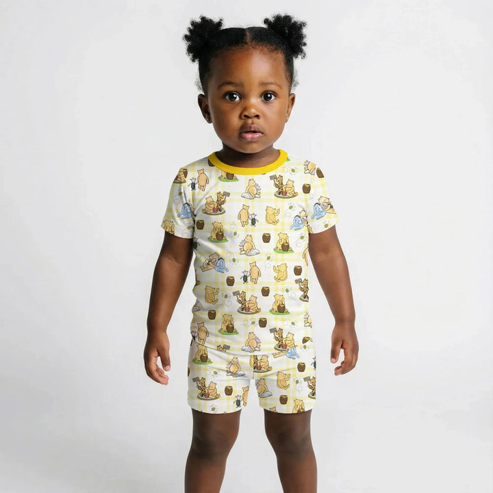 Bear & Friends Yellow Plaid Bamboo Two Piece Short Sleeve Shorts Pajama Set