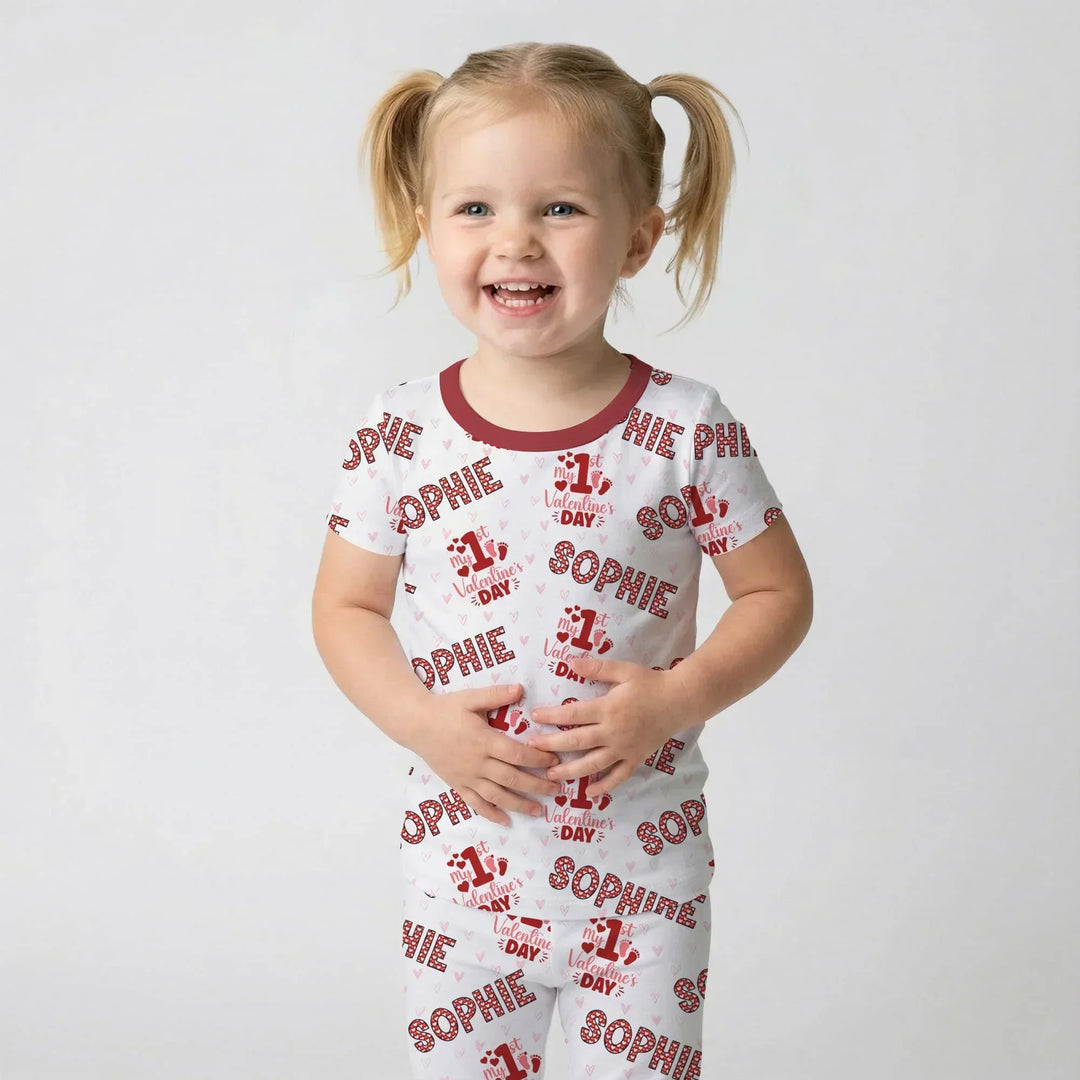 Custom Name My 1st Valentine's Day Bamboo Two Piece Short Sleeve Pajama Set