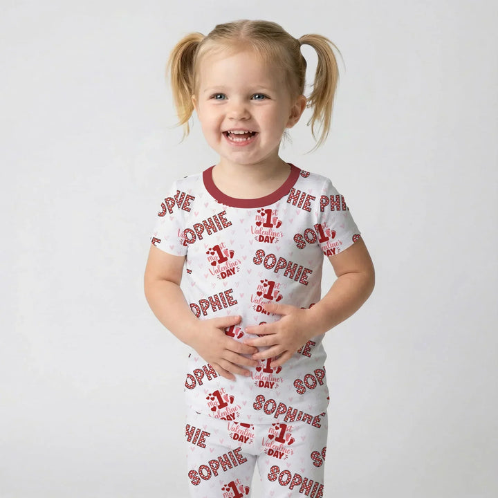 Custom Name My 1st Valentine's Day Bamboo Two Piece Short Sleeve Pajama Set