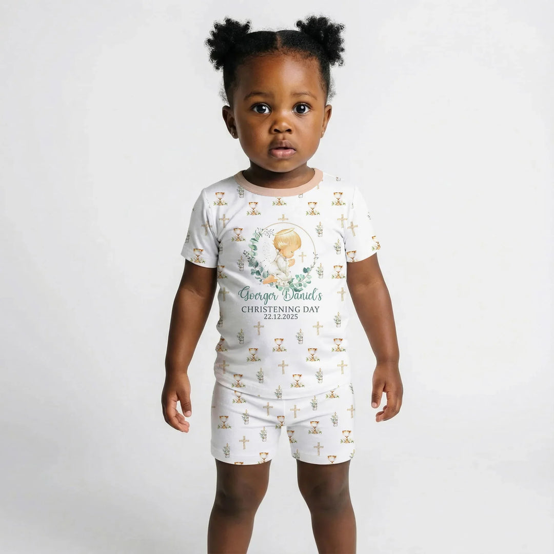 First Christening Day Custom Name Bamboo Two Piece Short Sleeve Shorts Pajama Set