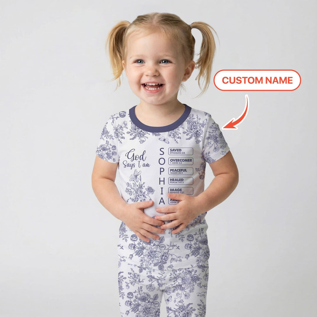 God Says I Am – Faith in Bloom Custom Name and Affirmations Bamboo Two Piece Short Sleeve Pajama Set