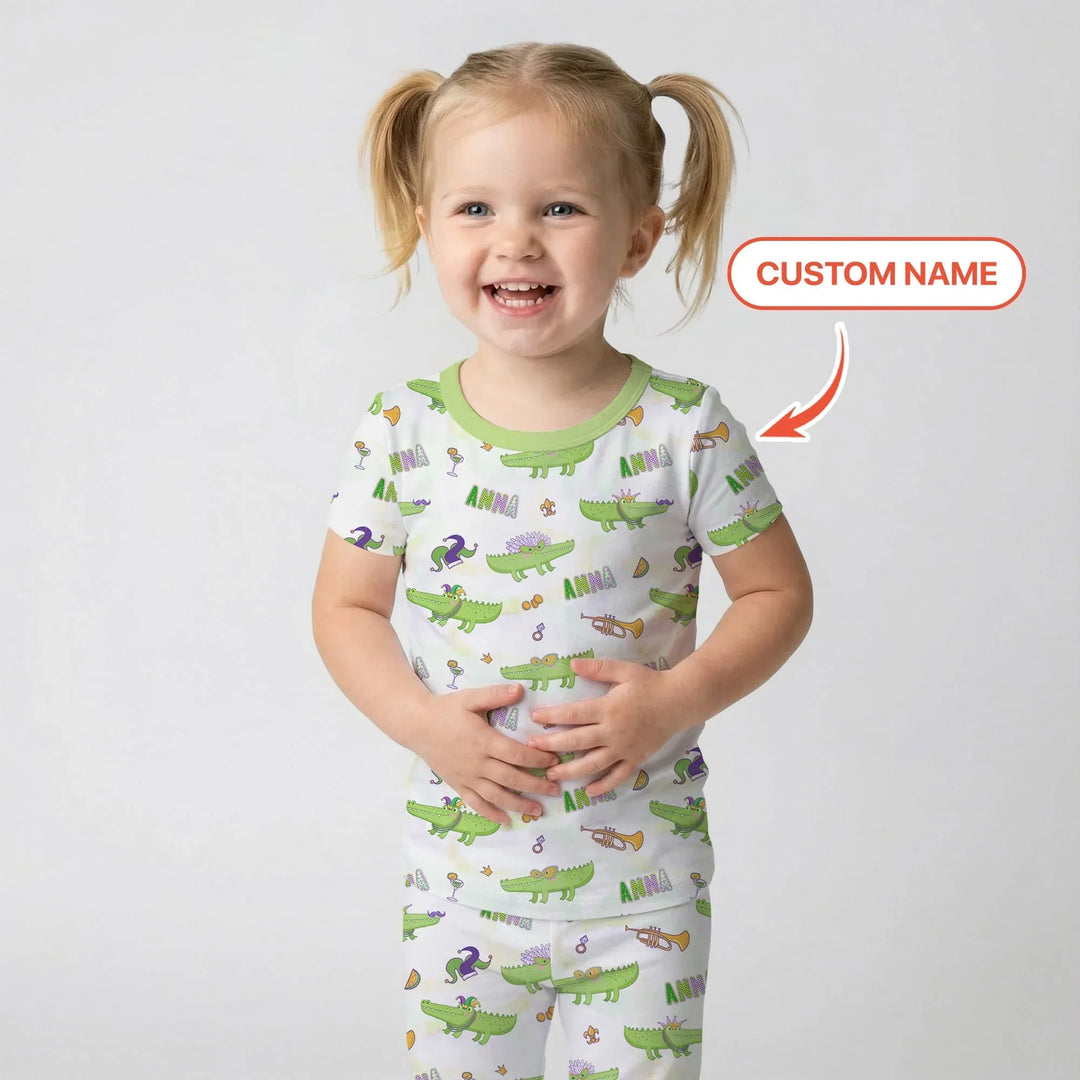 Alligator Mardi Gras Festival Bamboo Two Piece Short Sleeve Pajama Set