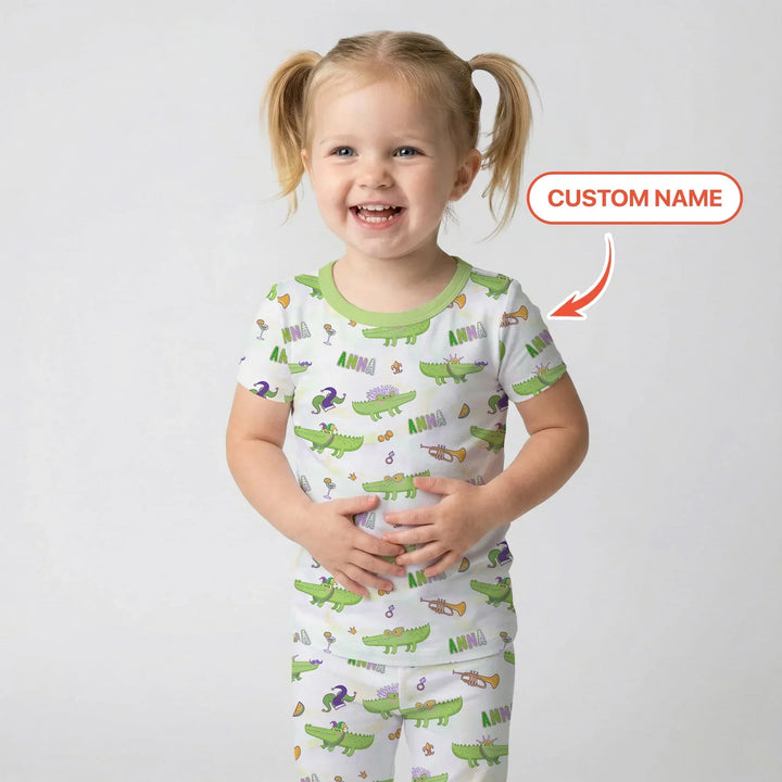 Alligator Mardi Gras Festival Bamboo Two Piece Short Sleeve Pajama Set