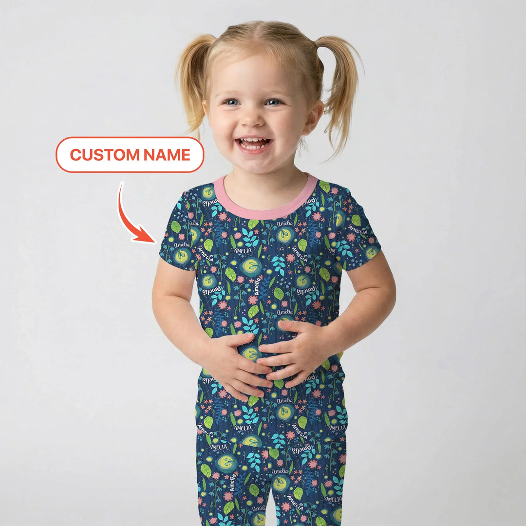 Nighttime Bugs Custom Name Bamboo Two Piece Short Sleeve Pajama Set