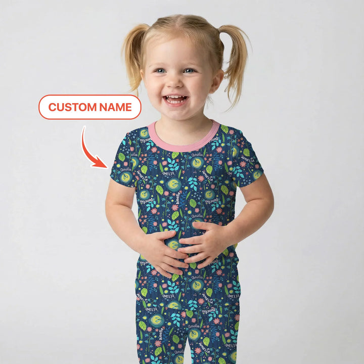 Nighttime Bugs Custom Name Bamboo Two Piece Short Sleeve Pajama Set