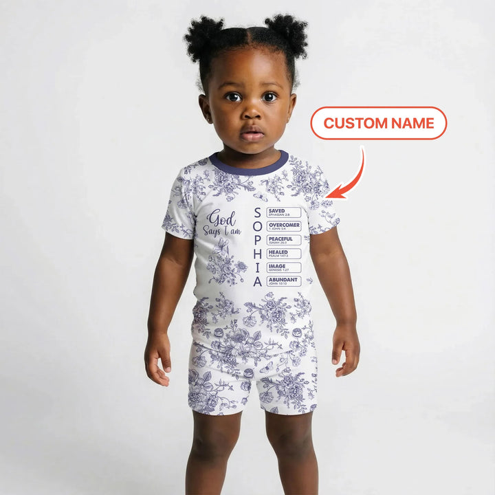 God Says I Am – Faith in Bloom Custom Name and Affirmations Bamboo Two Piece Short Sleeve Shorts Pajama Set