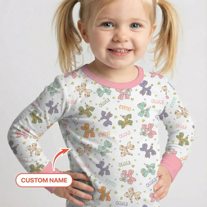 Custom Name Balloon Dog Bamboo Two Piece Long Sleeve Pajama Set