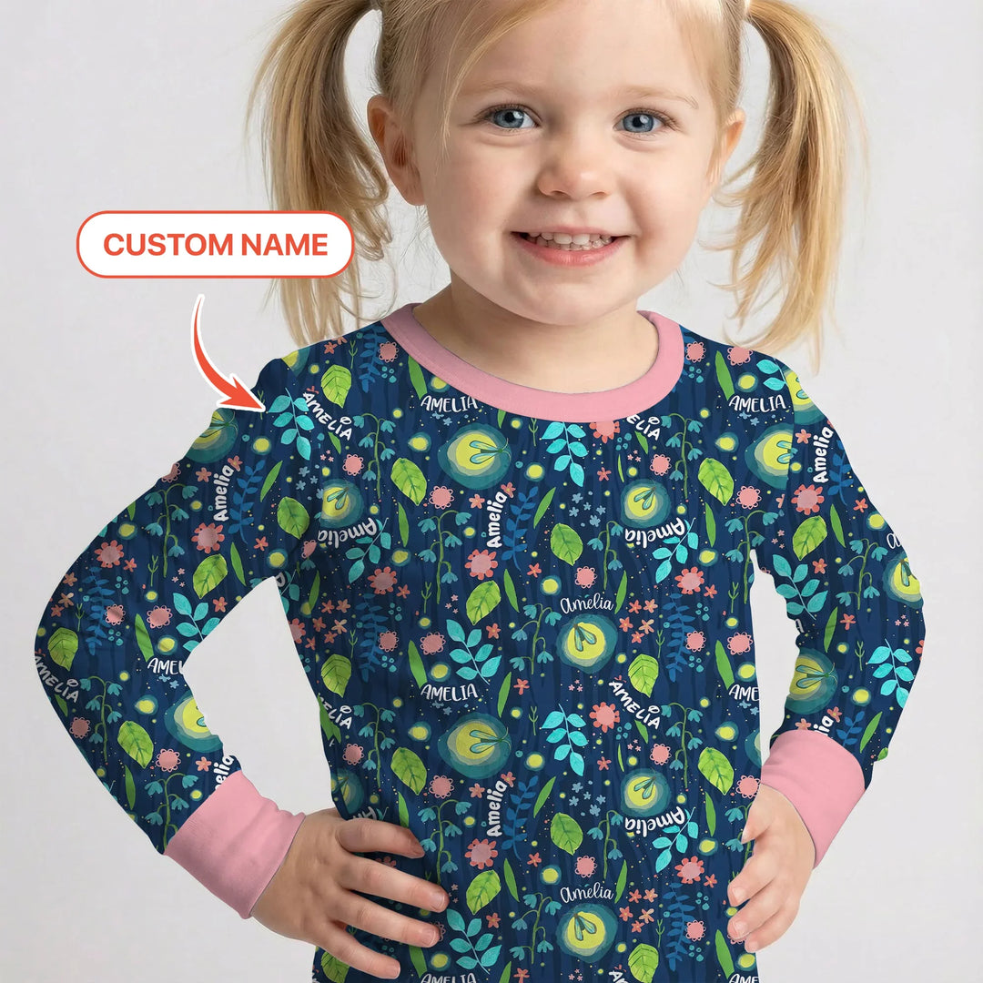 Nighttime Bugs Custom Name Bamboo Two Piece Long Sleeve Pajama Set
