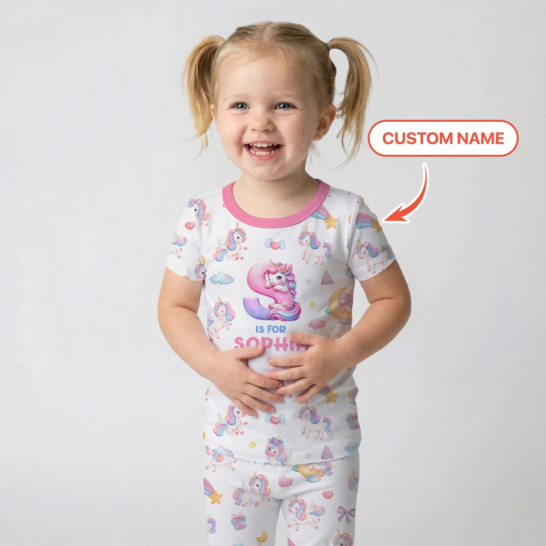 Unicorn Dreams Custom Name Bamboo Two Piece Short Sleeve Pajama Set