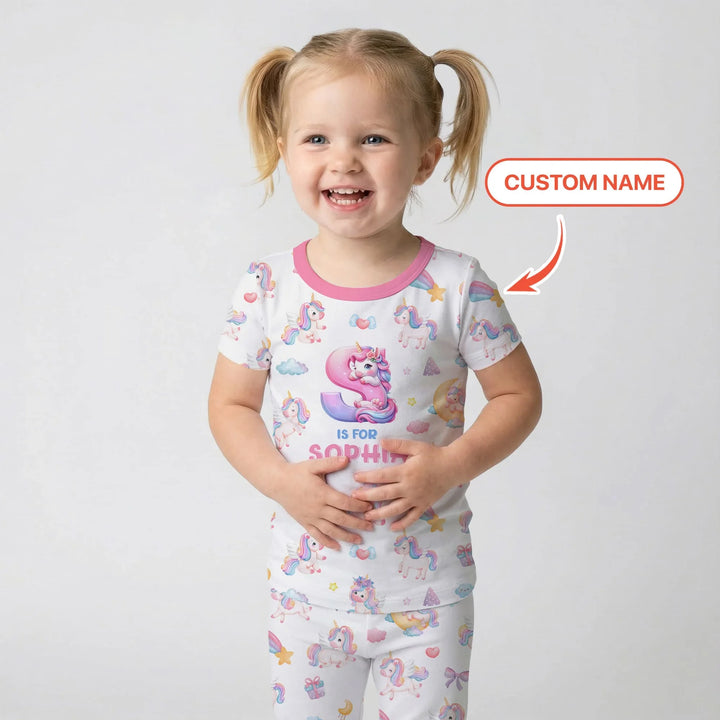 Unicorn Dreams Custom Name Bamboo Two Piece Short Sleeve Pajama Set
