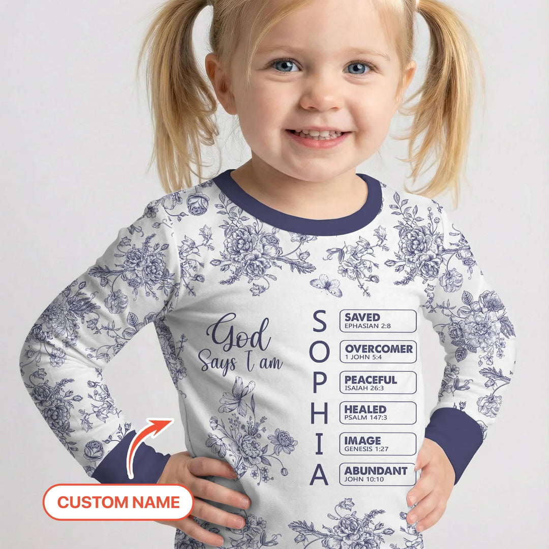 God Says I Am – Faith in Bloom Custom Name and Affirmations Bamboo Two Piece Long Sleeve Pajama Set
