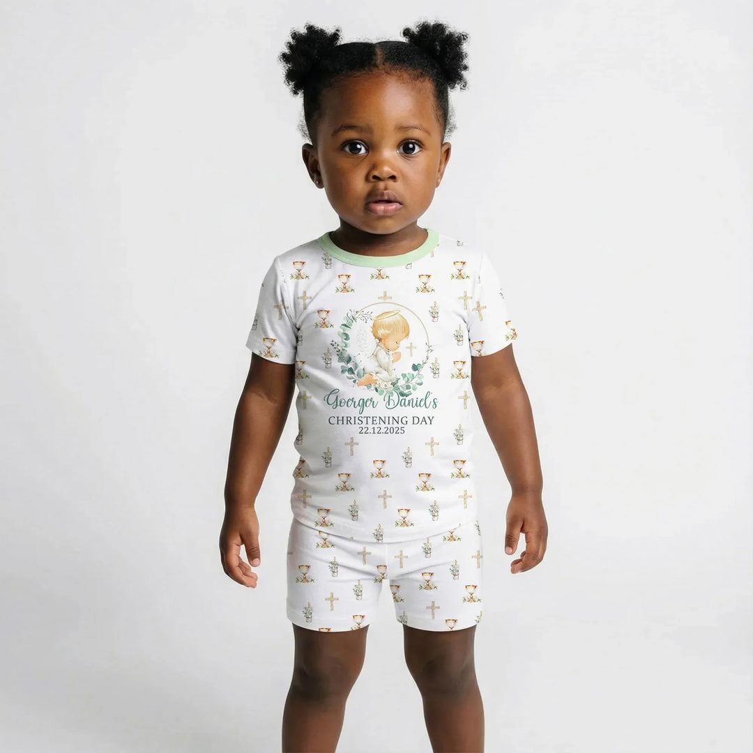 First Christening Day Custom Name Bamboo Two Piece Short Sleeve Shorts Pajama Set