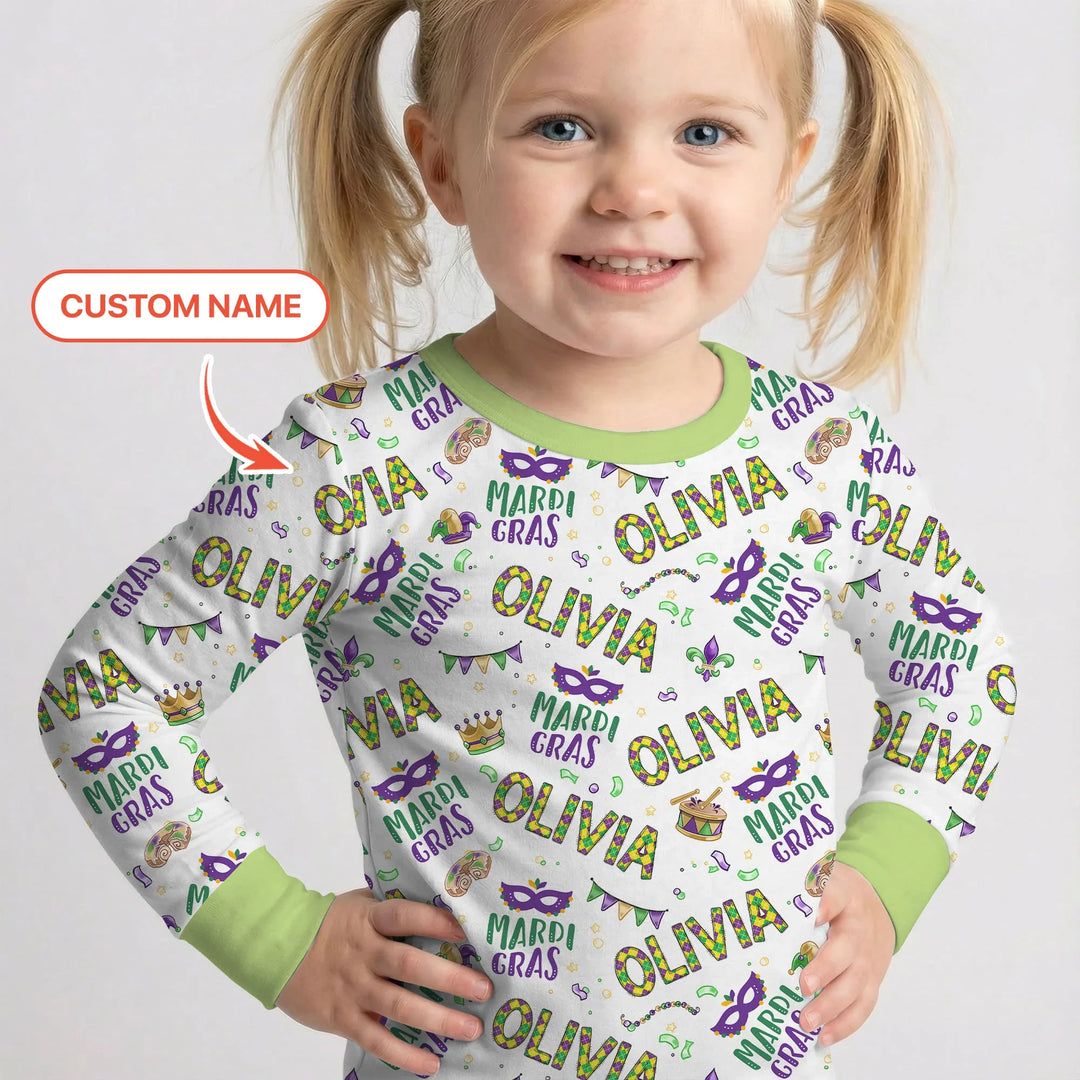 Custom Name Make your own Mardi Gras Bamboo Two Piece Long Sleeve Pajama Set