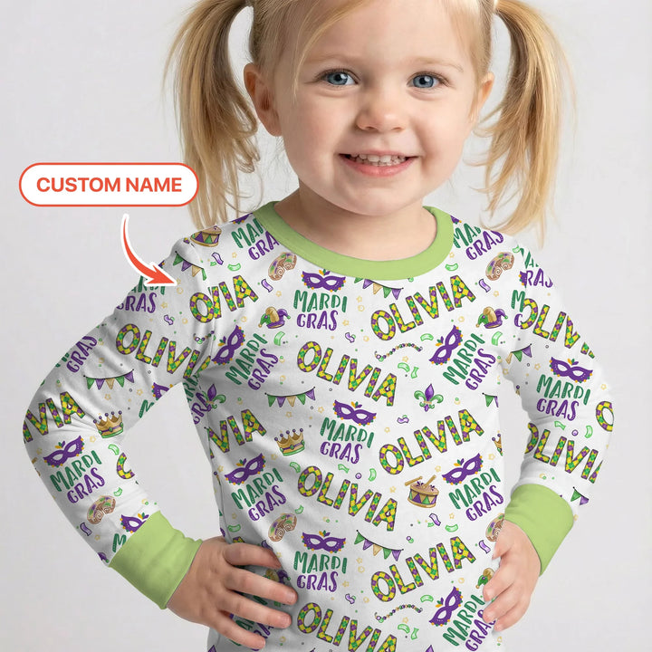 Custom Name Make your own Mardi Gras Bamboo Two Piece Long Sleeve Pajama Set