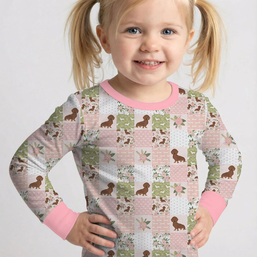 Floral Dachshund Grace Bamboo Two Piece Long Sleeve Pajama Set
