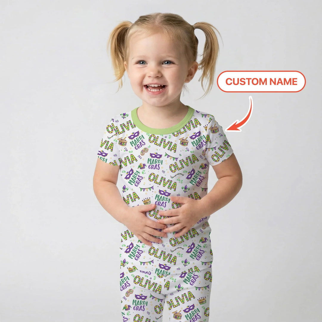 Custom Name Make your own Mardi Gras Bamboo Two Piece Short Sleeve Pajama Set