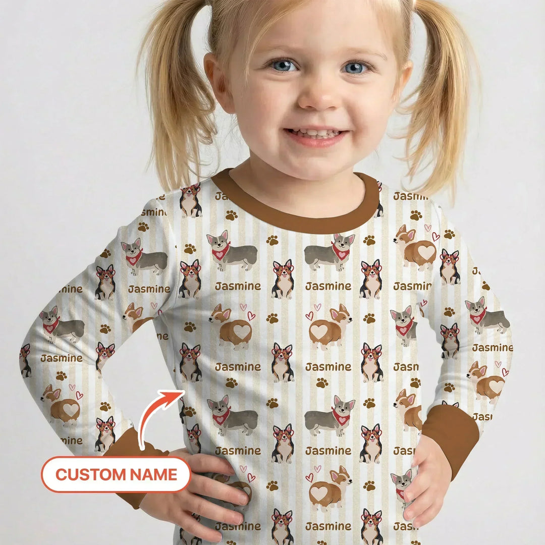 Custom Name Playful Corgis Family Matching Bamboo Two Piece Long Sleeve Pajama Set