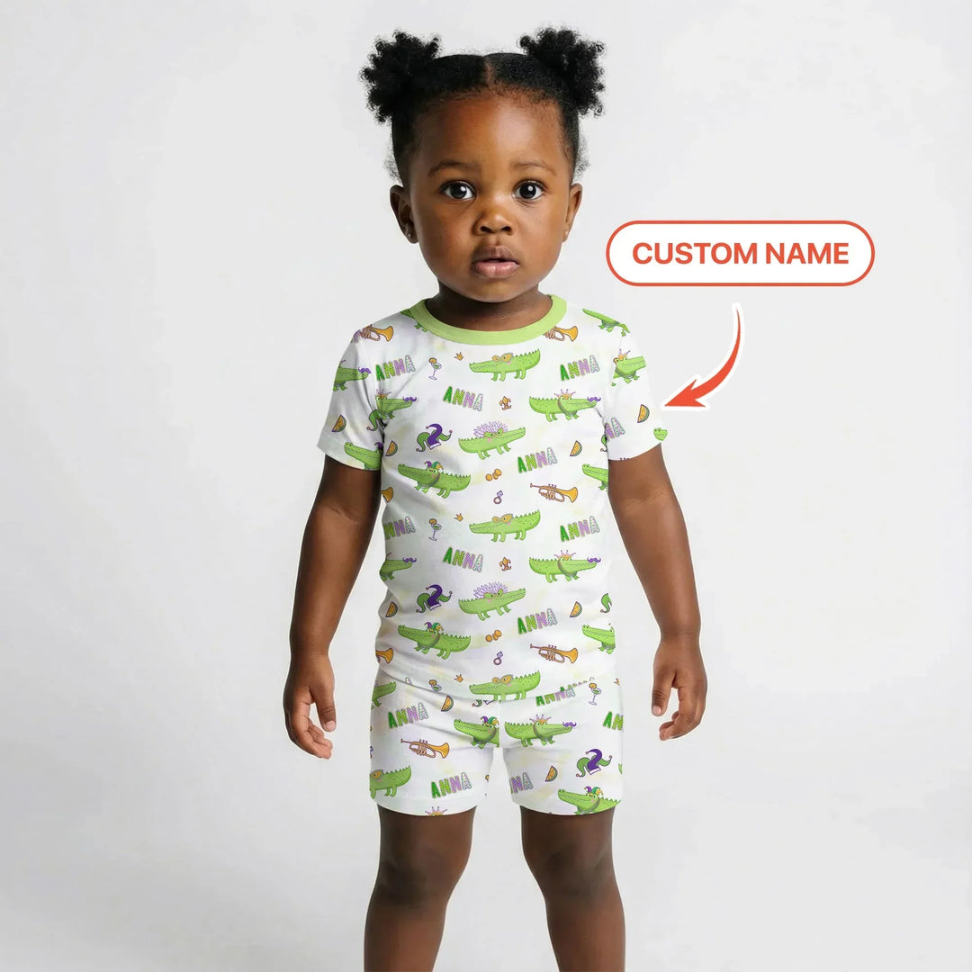 Alligator Mardi Gras Festival Bamboo Two Piece Short Sleeve Shorts Pajama Set