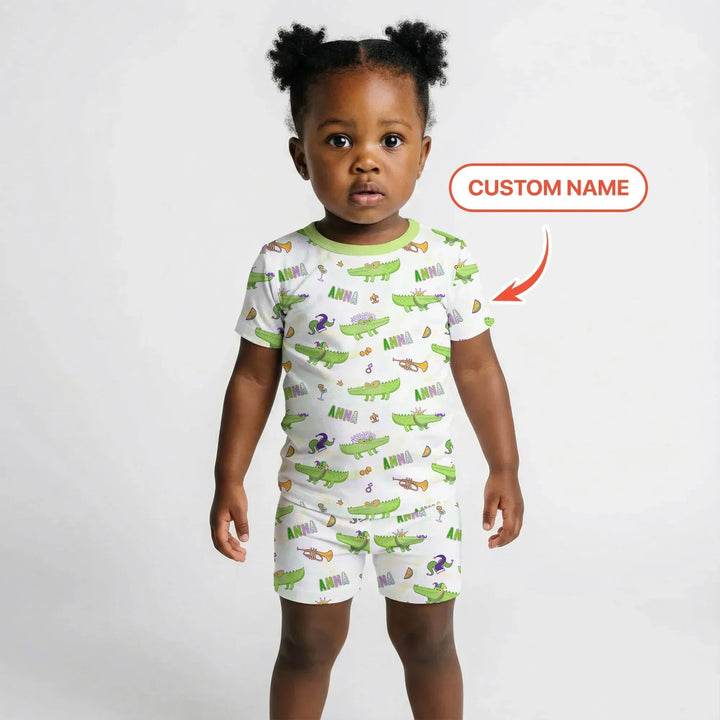 Alligator Mardi Gras Festival Bamboo Two Piece Short Sleeve Shorts Pajama Set