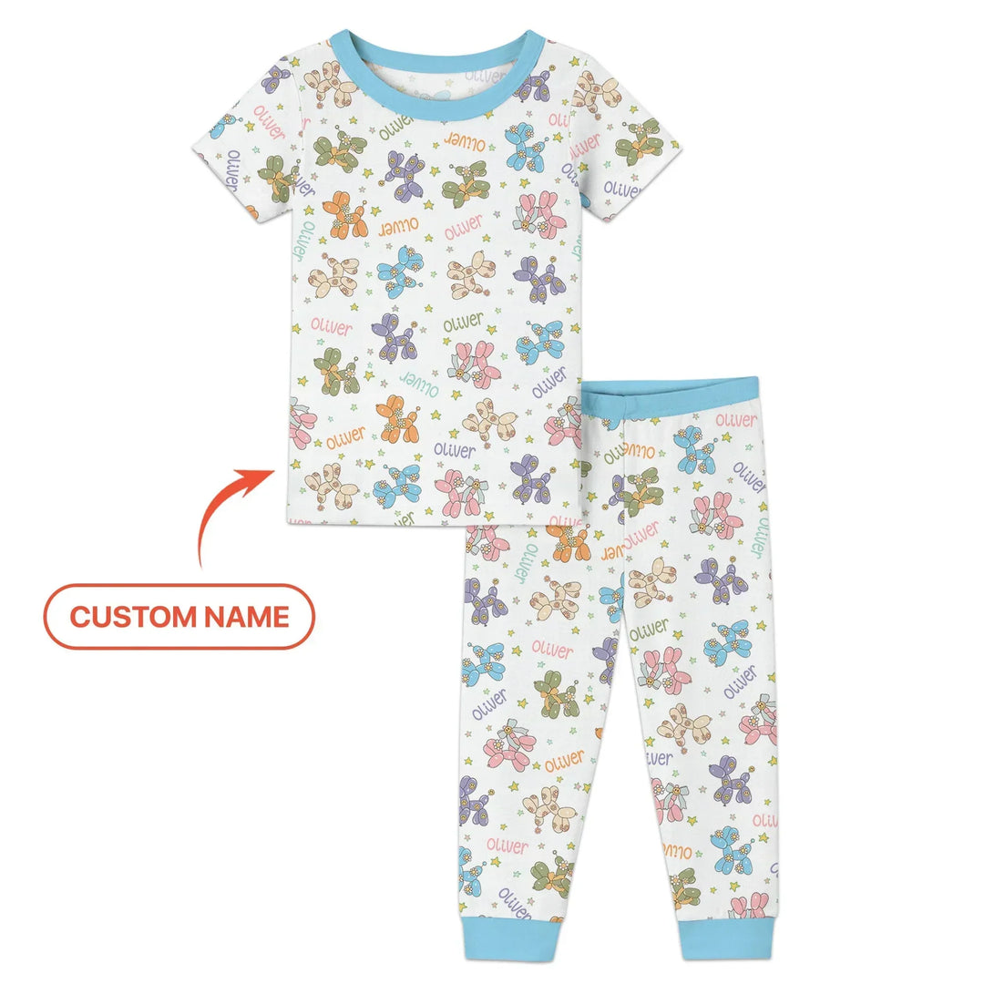 Custom Name Balloon Dog Bamboo Two Piece Short Sleeve Pajama Set