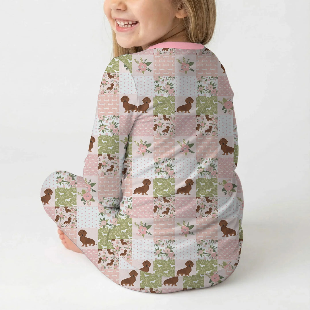 Floral Dachshund Grace Bamboo Two Piece Long Sleeve Pajama Set