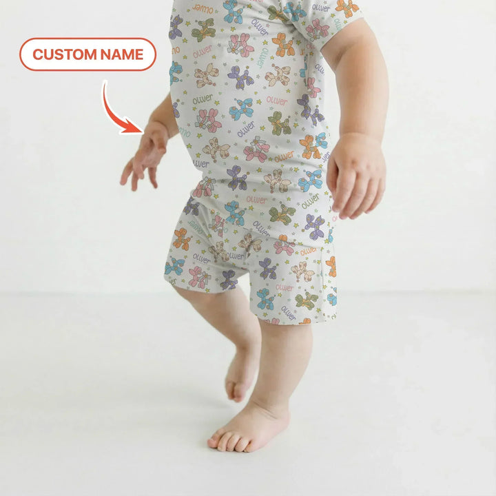 Custom Name Balloon Dog Bamboo Two Piece Short Sleeve Shorts Pajama Set