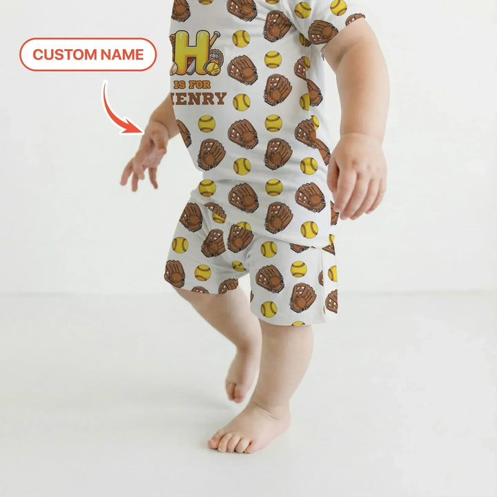 Softball Patterns Customized Bamboo Two Piece Short Sleeve Shorts Pajama Set