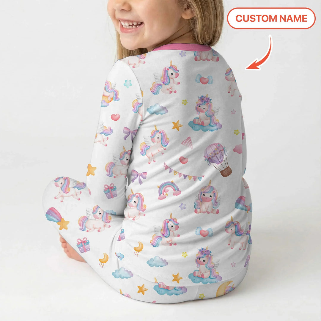 Unicorn Dreams Custom Name Bamboo Two Piece Long Sleeve Pajama Set