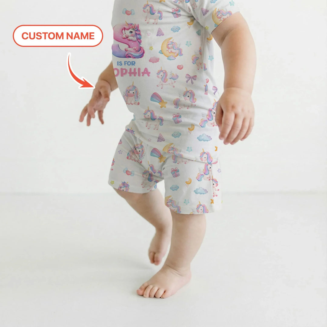Unicorn Dreams Custom Name Bamboo Two Piece Short Sleeve Shorts Pajama Set