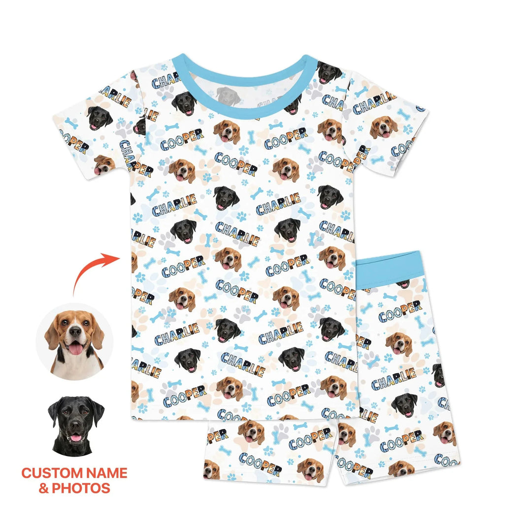 Custom Name Doodle Letters Blue Dog Bamboo Two Piece Short Sleeve Shorts Pajama Set