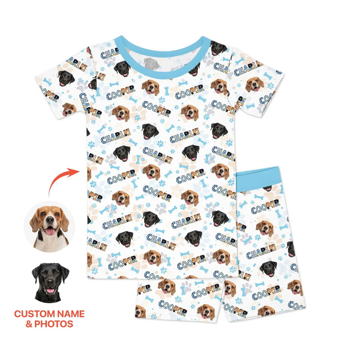 Custom Name Doodle Letters Blue Dog Bamboo Two Piece Short Sleeve Shorts Pajama Set