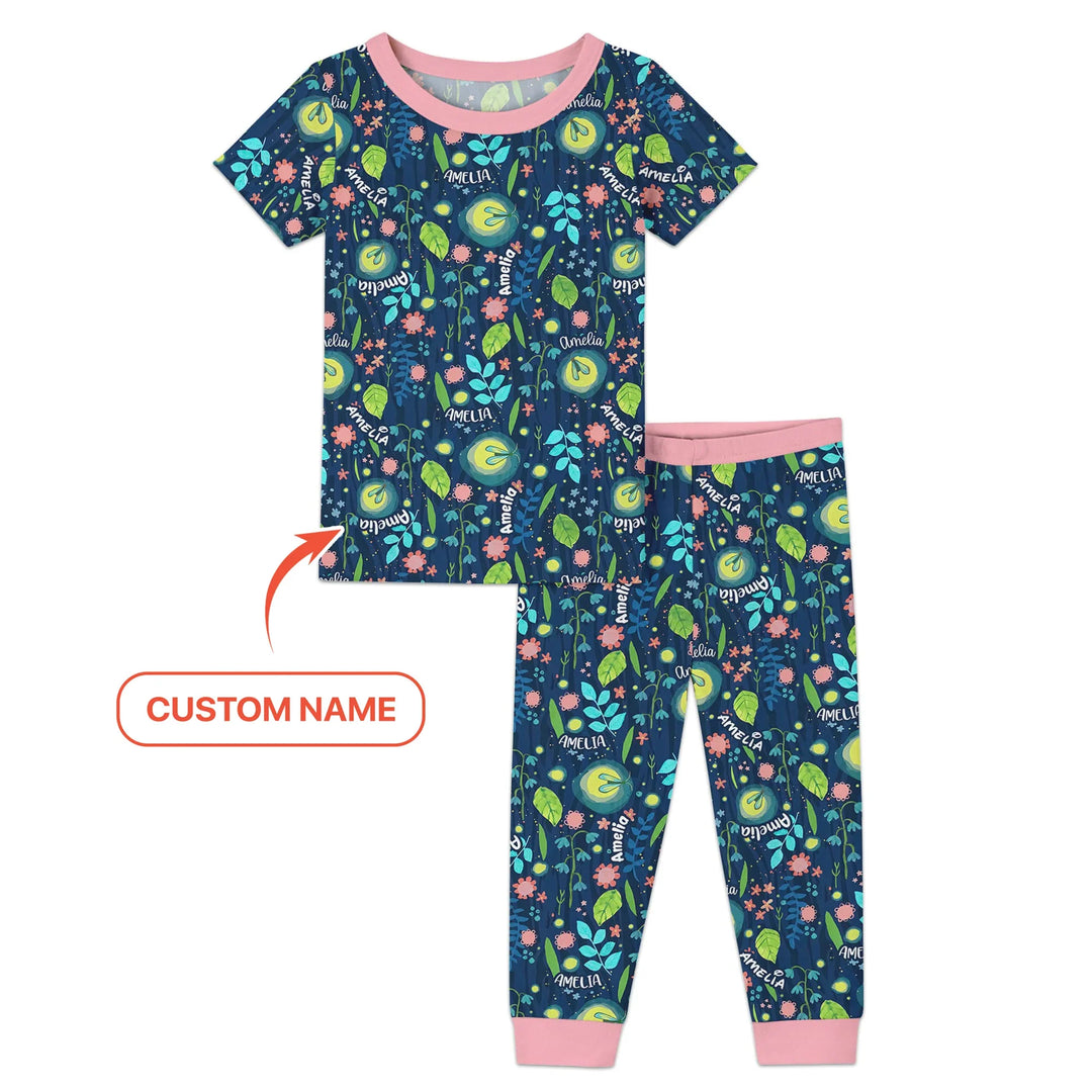 Nighttime Bugs Custom Name Bamboo Two Piece Short Sleeve Pajama Set