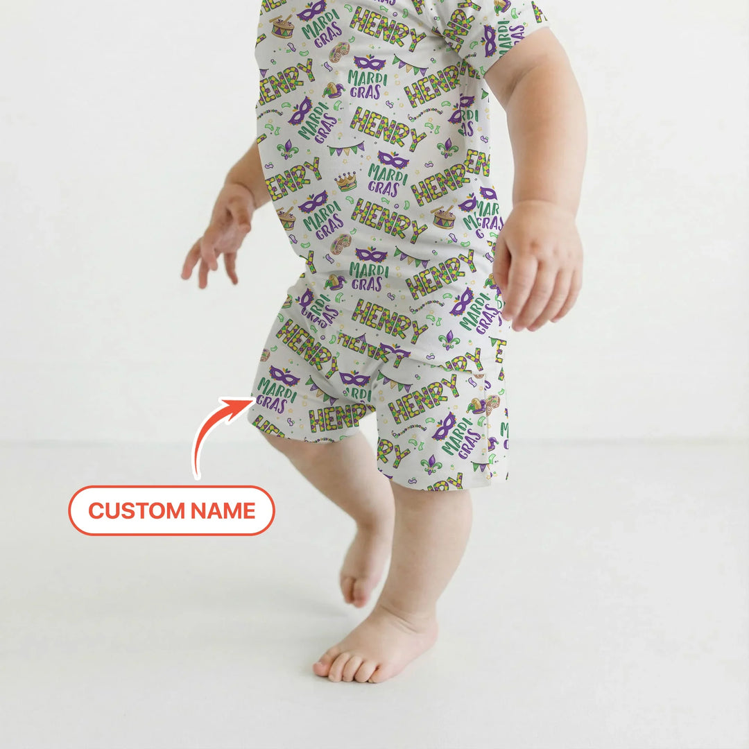 Custom Name Make your own Mardi Gras Bamboo Two Piece Short Sleeve Shorts Pajama Set