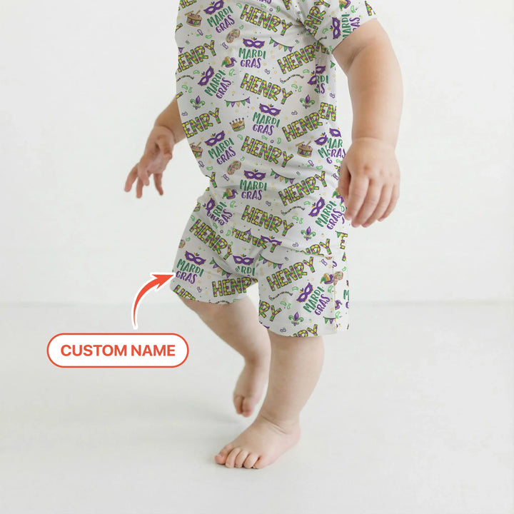 Custom Name Make your own Mardi Gras Bamboo Two Piece Short Sleeve Shorts Pajama Set